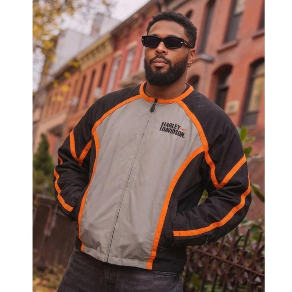 Vtg Harley Davidson Men's XL Bomber Jacket Black Orange Eagle Riding Biker Punk